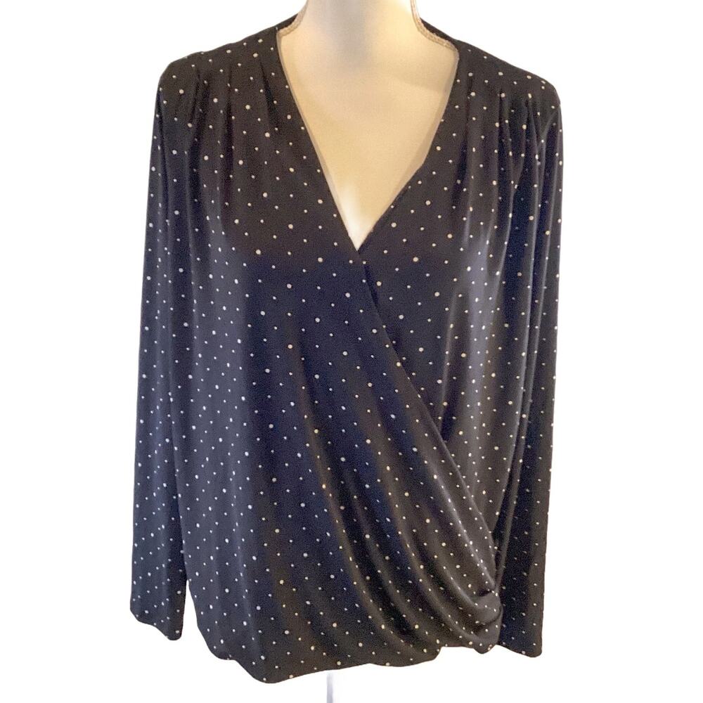 Banana Republic Print Matte Jersey Wrap Front Top Black/White Dot V-Neck Medium